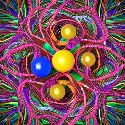 Image similar to tree roots intertwined with thin colorful strings forming around colorful marbles in a tangled mandala vortex growing out of a hexagonal box by Jim Burns and Margaux Valonia, rainbow colors, vivid colors, saturated, hyperdetailed, photorealistic, octane render, 3D, trending on artstation