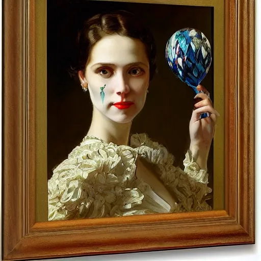 Image similar to painting skull portrait young woman holding a balloon, intricate, elegant, highly detailed,, art by jc leyendecker and singer sargent