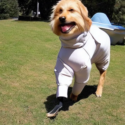 Prompt: in an alternate universe a fully clothed dog on 2 hind legs walking his pet human
