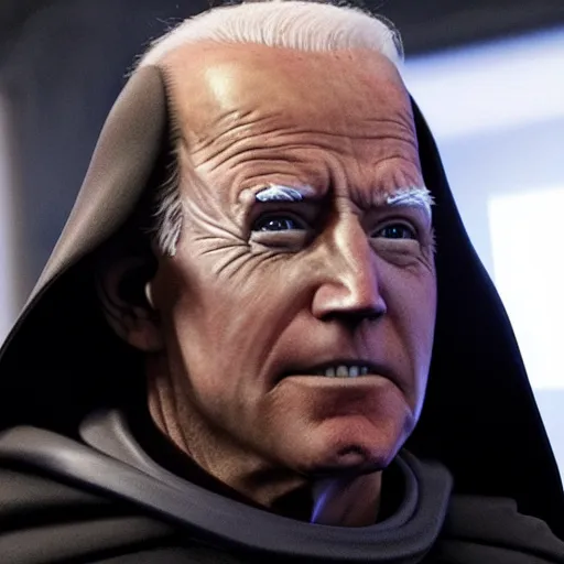 Prompt: Darth Biden, Emperor Biden, Joe Biden staring at the camera, Joe Biden dressed as a sith lord in the new star wars, dramatic promo still