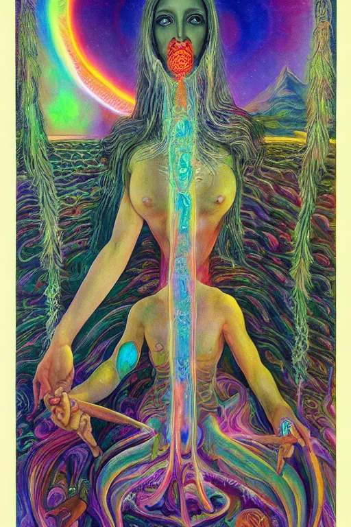 Prompt: mystic cult girl performing psychedelic third eye ritual, expanding energy into waves into the ethos, epic surrealism 8k oil painting, high definition, post modernist layering, by Ernst Fuchs, John Howe