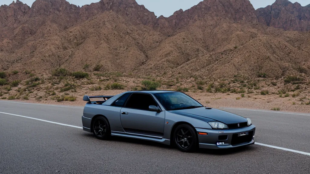 Image similar to three quarter front photo of a stock dark grey nissan r 3 2 skyline gtr on a road in a desert with a mountain in the background in the early morning, car photography, depth of field, zoom lens, blue hour, photorealistic