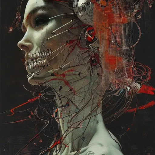 Prompt: a female cyberpunk hacker, skulls wires cybernetic implants, in the style of adrian ghenie esao andrews jenny saville surrealism dark art by james jean takato yamamoto and by ashley wood