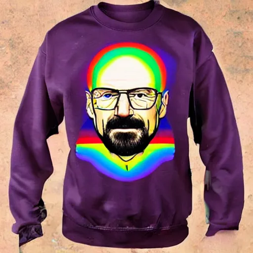 Image similar to walter white wears a very colorful rainbow shirt