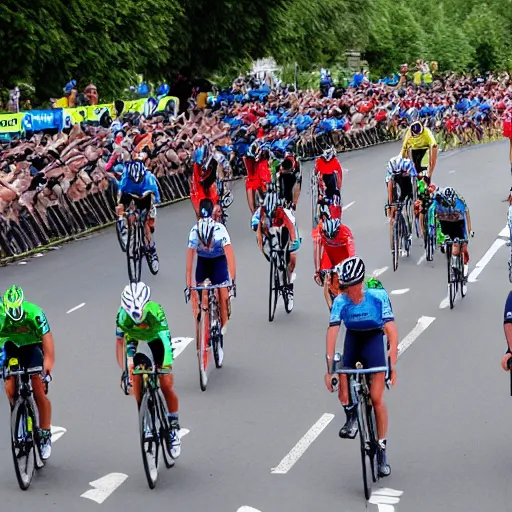 Prompt: the photo-finish of the tour-de-France but the bicycles have no rider on them