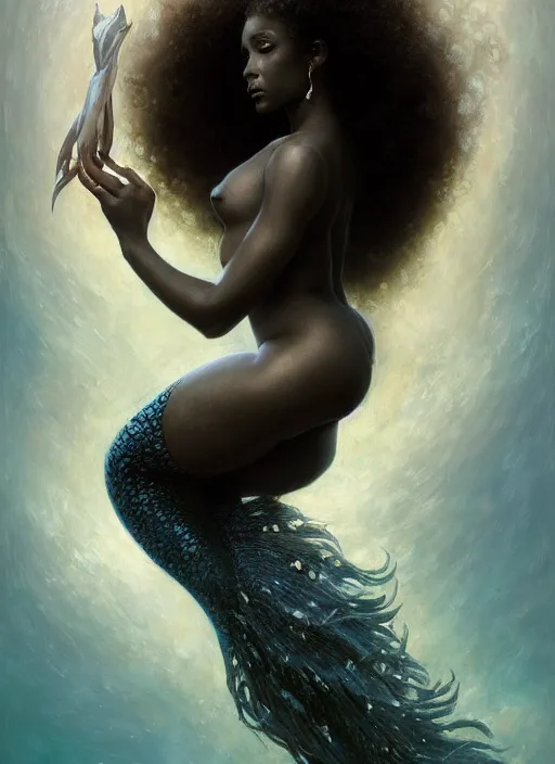 Prompt: Portrait of black mermaid, underwater, white lilies, shells, mirror, marvel comics, intricate, highly detailed, smooth, artstation, digital illustration by julie bell and Ruan Jia and Mandy Jurgens and Artgerm and William Adolphe Bouguereau and John Collier and Greg Rutkowski and Frank Frazetta