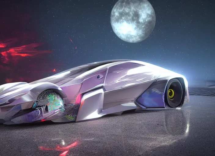 Image similar to hyperrealism, detailed textures, photorealistic 3 d render, a photorealistic futuristic kama - 1 concept car with a sky full of stars colour scheme, sharp focus, ultra realistic, ultra high pixel detail, cinematic, intricate, cinematic light, concept art, illustration, art station, unreal engine 8 k