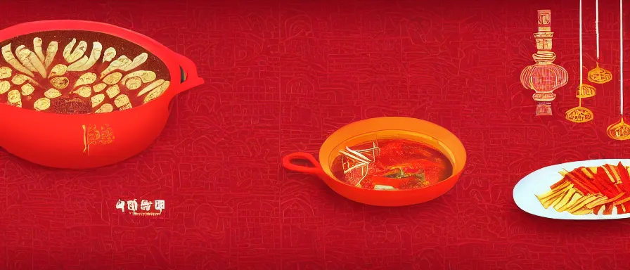 Image similar to a beautiful simple 4 k hd red wall paper illustration of roasted string hotpot, red wallpaper design, simple style, gourmet style, commercial kebab hotpot wallpaper display, wall painting, from china, with merchant logo, simple structure, surrealistic, chinese style, victo ngai, james jean, denoise, deblurring