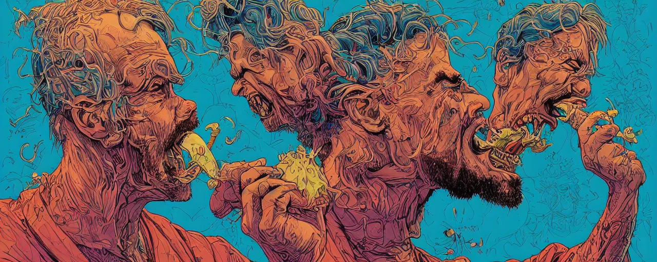 Image similar to portrait of a mad man screaming eating another head, by josan gonzales and Dan Mumford, santacruz art style