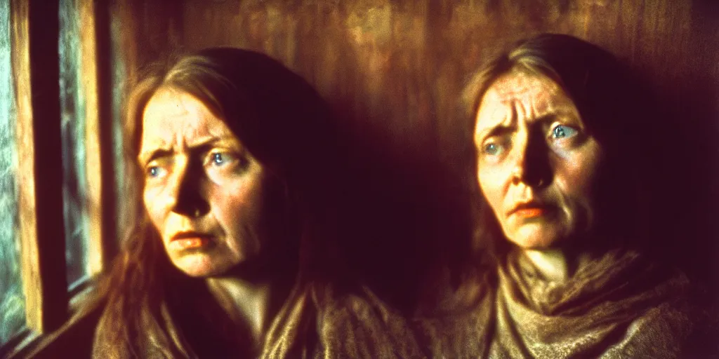 Prompt: portrait bust of woman, solemn expression, color film, russian cinema, tarkovsky, kodachrome, old cabin, next to window, heavy forest outside, long brown hair, cloth, heavy fog, hudson river school, 4 k, dramatic lighting