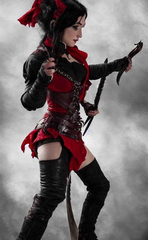 Image similar to epic fantasy action shot of a d & d female halfling rogue, black hair, red leather corset, cinematic, beautiful lighting, heroic