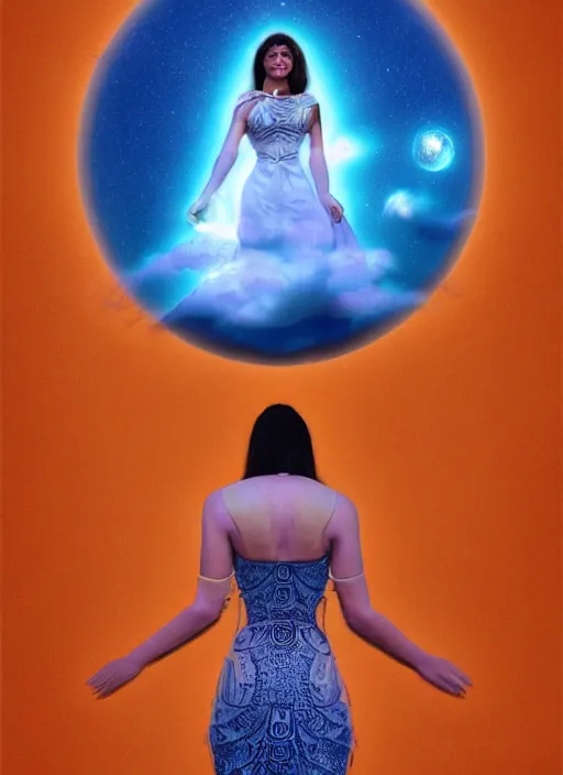 Image similar to full body portrait of beautiful goddess of mars theme inspired wearing blue and white carved details moving dress, she is floating in the air, planet mars in the background, open sky, 3 d realistic, octane render, mystical, orange fog, circle forms, iper realistic, cinematic light, paint on canvas, art by vlop