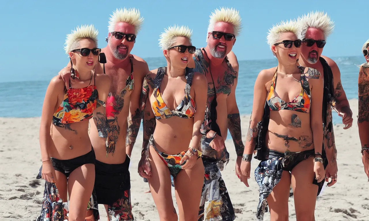 Prompt: olivia munn and miley cyrus and guy fieri on a vacation at the beach