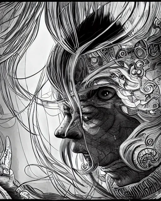 Image similar to An old man looking into a mirror, black and white, fantasy art, in the style of masami kurumada, illustration, epic, fantasy, intricate, hyper detailed, artstation, concept art, smooth, sharp focus, ray tracing