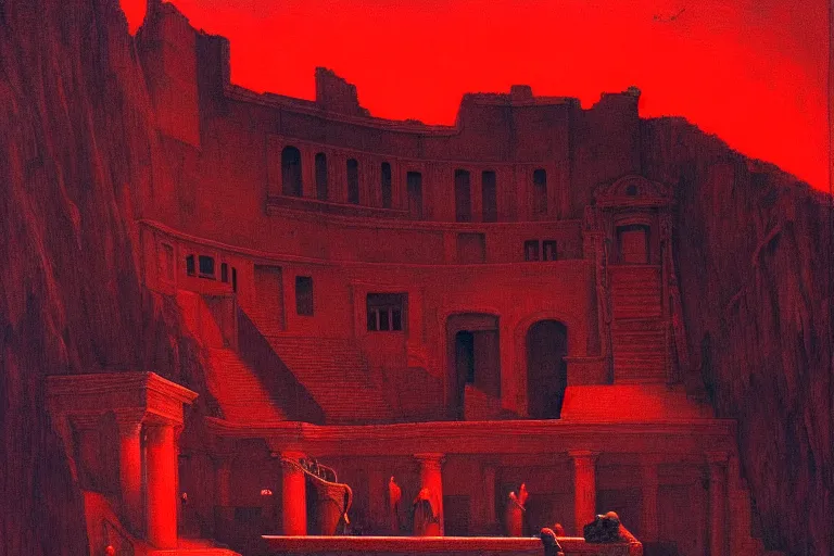 Image similar to only with red, a red melted emperor, taormina amphitheatre, crowd hails him, in the style of beksinski, parts by edward hopper, parts by rodcenko, parts by yue minjun, intricate and epic composition, red by caravaggio, insanely quality, highly detailed, masterpiece, red light, artstation, 4 k