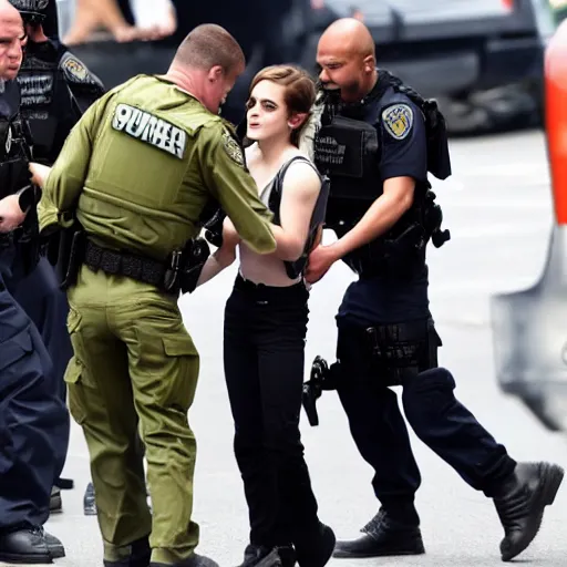 Prompt: emma watson being arrested by a swat team