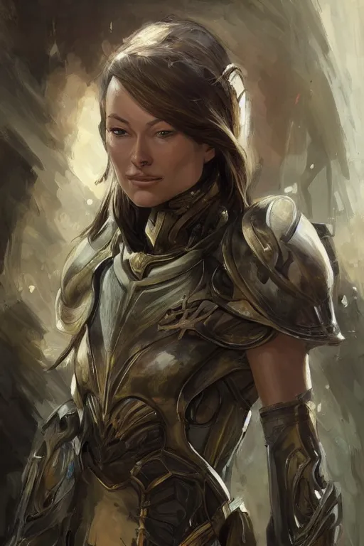 Image similar to a professional painting of a young Olivia Wilde, clothes in military armor, olive skin, long dark hair, beautiful bone structure, symmetrical facial features, intricate, elegant, digital painting, concept art, smooth, sharp focus, illustration, from StarCraft by Ruan Jia and Mandy Jurgens and Artgerm and William-Adolphe Bouguerea