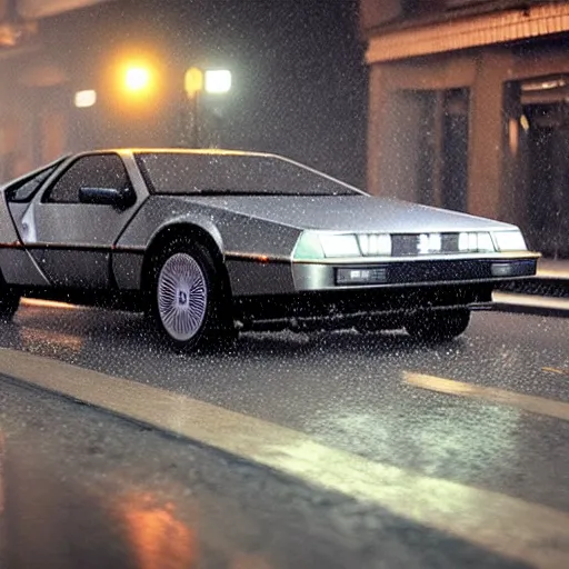 Image similar to hyperdetailed, photorealistic photograph of a dmc 1 2 delorean driving in the streets, rain, night, dense fog, hd, unreal engine 5