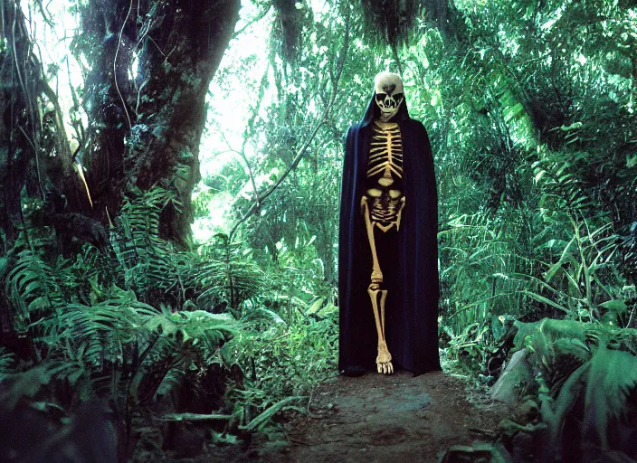 Image similar to screenshot portrait of skeleton in a jedi robe. outside the jedi temple in the jungle. Thriller directed by stanley kubrick, Photographed with Leica Summilux-M 24 mm lens, ISO 100, f/8, Portra 400