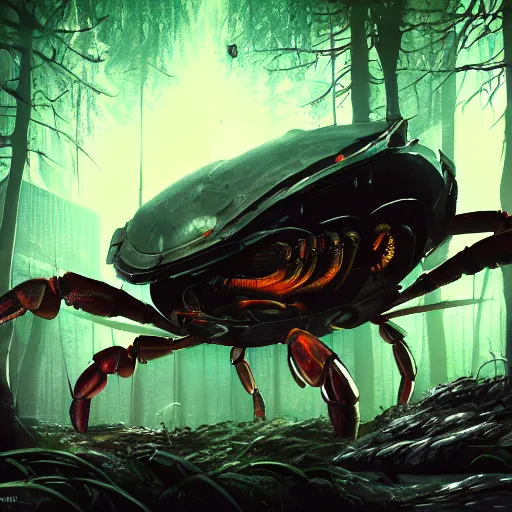 Prompt: a huge cyberpunk crab in the Forest, Concept art, digital art, well detailed, trending on artstation, by Stephen king, 8k, Lovecraft, horror