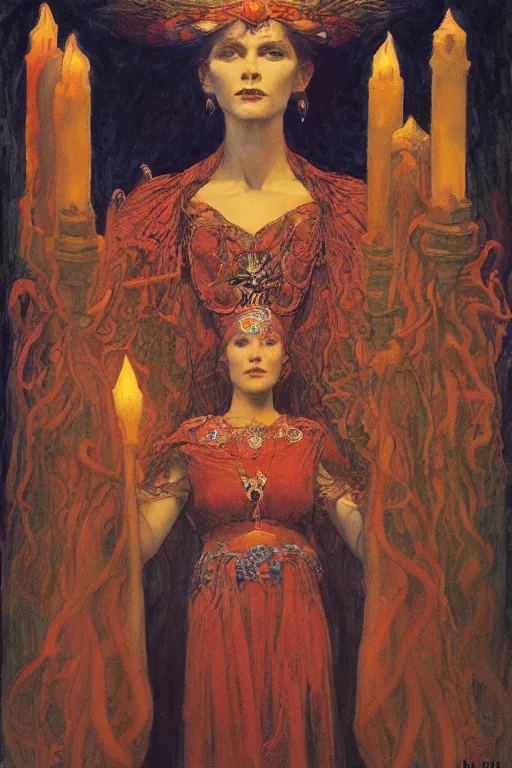 Image similar to queen of the underworld with her lantern, by Annie Swynnerton and Nicholas Roerich and jean delville, dramatic cinematic lighting , ornate headdress , flowing robes, sacred artifacts, lost civilizations, smooth, sharp focus, extremely detailed