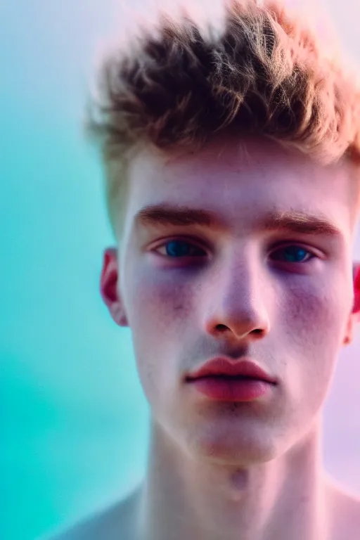 Image similar to high quality pastel coloured film mid angle selfie photograph of a beautiful young 2 0 year old male, soft features, standing in an icelandic black rock environment. atmospheric. three point light. photographic. art directed. ( pastel colours ). volumetric light. stark. waves glitch. 8 k. filmic.