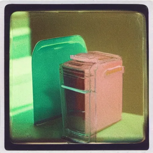 Image similar to a pastel coloured Polaroid photo of a drink caddy made of transparent iridescent perspex stood in a field, beams of light, nostalgic