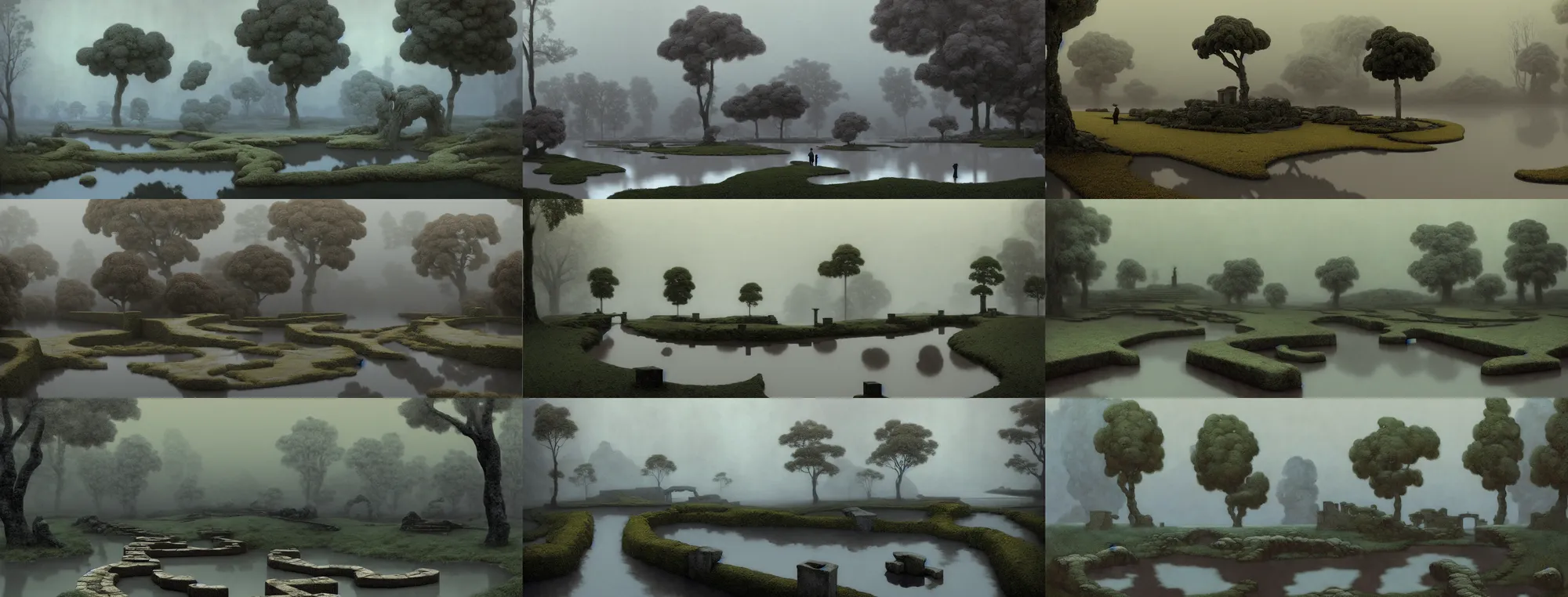 Prompt: a gorgeous bleak spring landscape painting by barlowe wayne maxfield parrish and marco mazzoni. rainy mood. traditional huizhou architecture. lonely memorial ceremony. grey blue and very little light verdancy. wet winding stone steps. ultra clear detailed. 3 d, octane render. turbulent blood lake. fog, 8 k