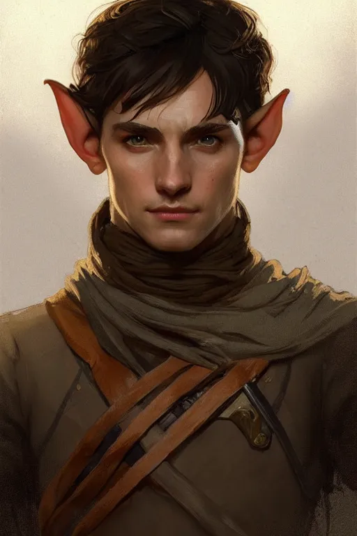 Image similar to portrait of a beautiful fit young elf male ranger, with fluent cloths, leather armor, by greg rutkowski and alphonse mucha, d & d character, gradient brown to white, autumn background, highly detailed portrait, digital painting, artstation, concept art, smooth, sharp focus illustration, artstation hq