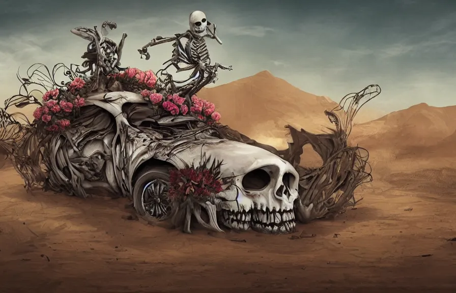 Prompt: a scary flowery skeleton car in a desert, artstation, digital art,