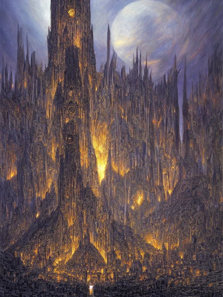 Prompt: Sauron's Tower in Mordor, art by Donato Giancola and Alan Lee, fantasy illustration, Tolkein horror