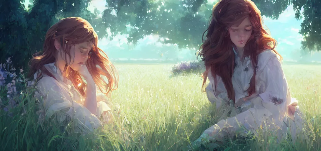 Prompt: a beautiful southern woman named Savannah, innocent, somber turquoise eyes, freckles, long ginger hair tied with white ribbon, napping under wisteria on a farm, gentle lighting, storm in the distance, western clothing, dress, digital art by Makoto Shinkai ilya kuvshinov and Wojtek Fus, digital art, concept art,