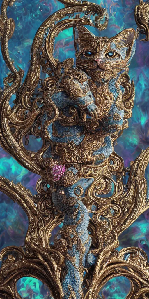 Prompt: A photo-real delicate sculpture of an ornate cat in front of an intricate background by AJ Fosik, Micro detail, backlighting, octane renderer, colorful, physically based render