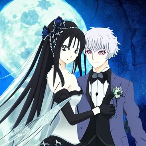 Image similar to a gothic wedding under a full blue moon, key anime visual, official modern animation