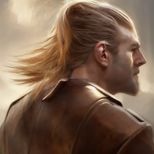 Prompt: rear side portrait of a big, ponytail haired blonde man with a mechanical left arm, wearing a brown leather coat, ponytail hair, DnD, fantasy, digital art by Ruan Jia