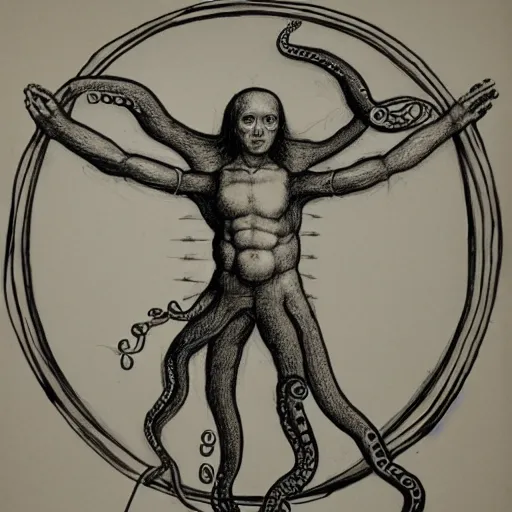Prompt: drawing of octopus in style of Vitruvian Man by Leonardo da Vinci