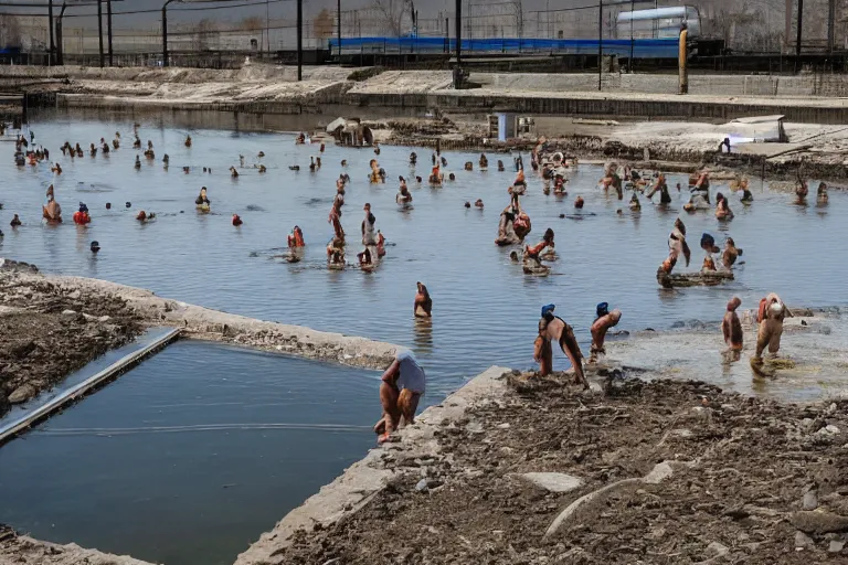 Prompt: people bathing in industrial wastewater