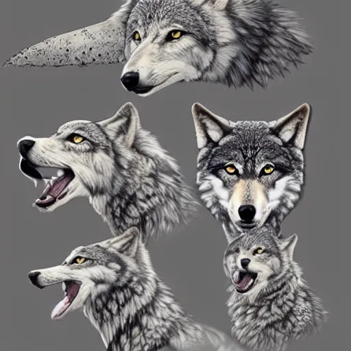 Image similar to ( ( ( ( wolf ) ) ) ) with! owl - head, art reference sheet, featured on artstation