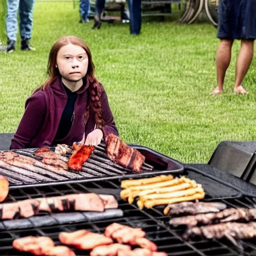 Prompt: photo of greta thunberg having a bbq