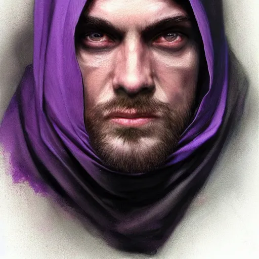 Image similar to ultra realistic illustration, man in a black hood, in a striped purple balaclava, mysterious, highly detailed, digital painting, artstation, concept art, smooth, sharp focus, illustration, art by artgerm and greg rutkowski and alphonse mucha