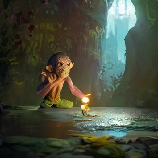 Image similar to a wholesome animation key shot of gollum, colorful, pixar and disney animation, sharp, very detailed, high resolution, key art by greg rutkowski, bloom, dramatic lighting