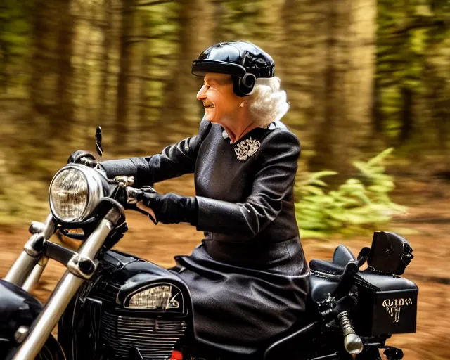 Prompt: close up photo of queen elizabeth riding a motorcycle through a forest fire, action photo, dramatic, motion blur, 8 5 mm f / 2. 8