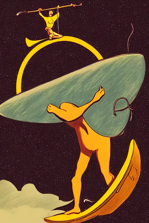 Image similar to a drawing of a man on a surfboard in the air, a comic book panel by dali, unsplash, retrofuturism, soviet propaganda, concert poster, poster art