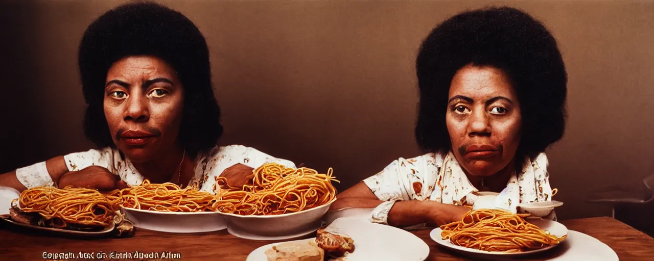 Image similar to queen hatshepsut of punt, enjoying a feast of spaghetti, in the style of diane arbus, canon 5 0 mm, kodachrome, retro