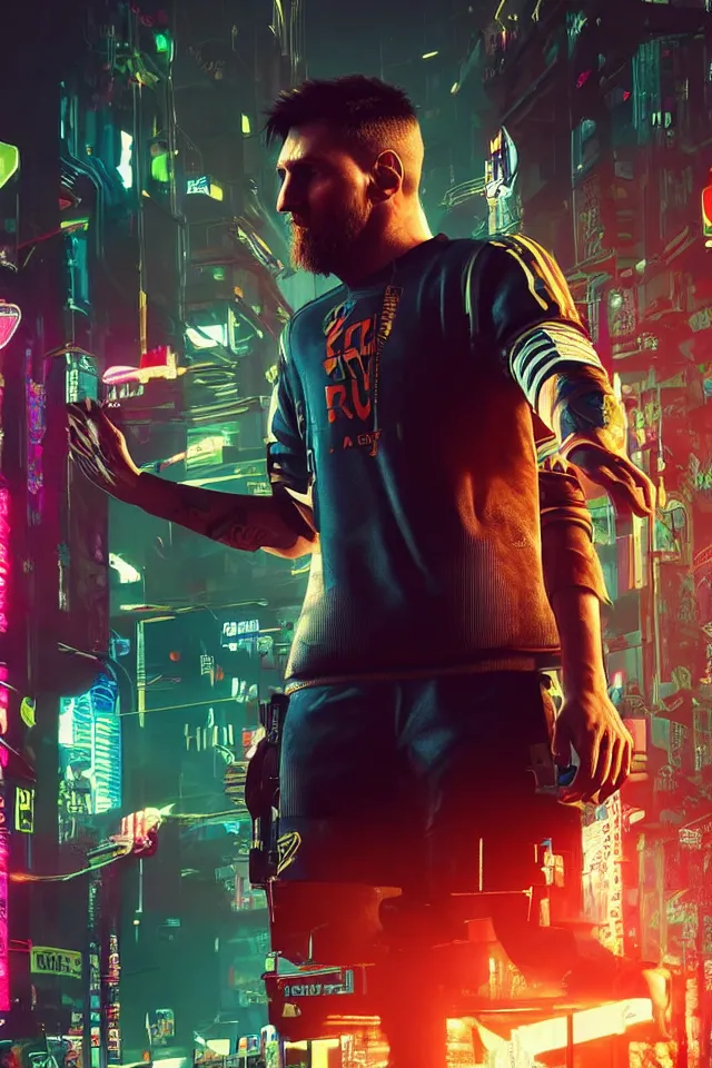 Image similar to Messi as a cyberpunk, cyberpunk 2077, realistic, 8K, detailed, film grain,