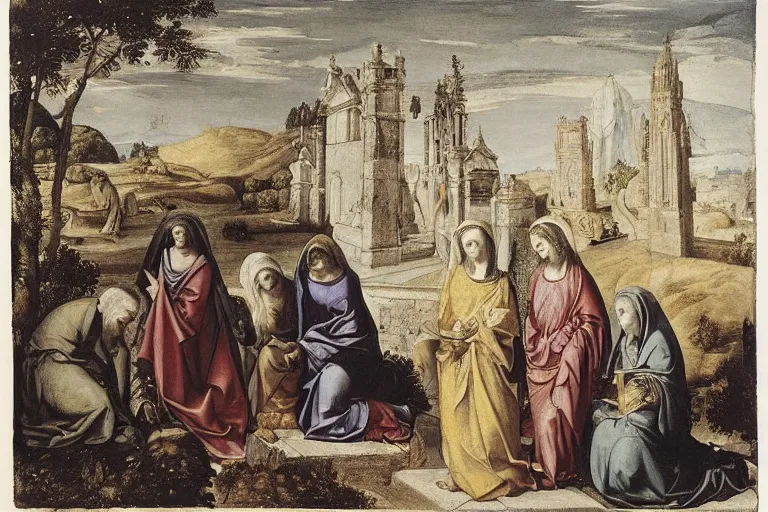 Prompt: the three marys mourning at the sepulchre, alessandro allori