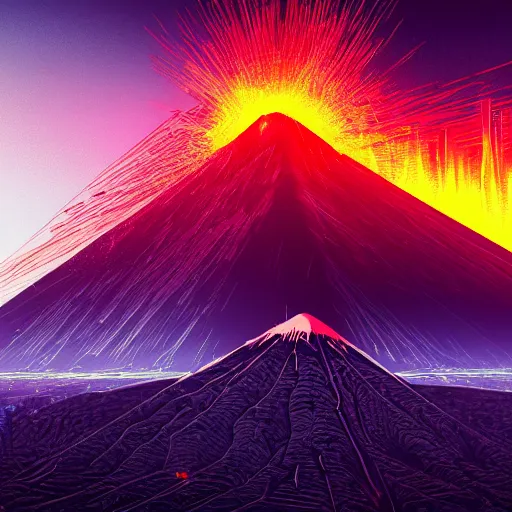 Image similar to a volcano in eruption and ancient pyramids, retrowave art, cyberpunk, trending on art station