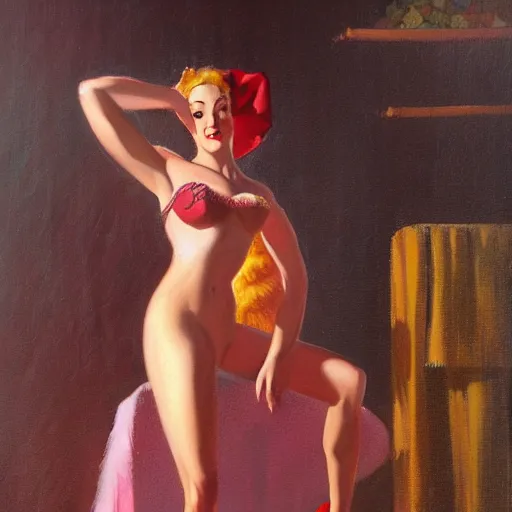 Image similar to a painting in the style of gil elvgren and in the style of charles vess.