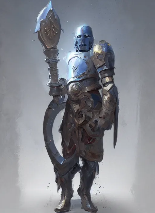 Image similar to portrait of a warforged character holding a paladin engraved longsword and carrying a big shield, epic rough concept art, by Greg Rutkowski