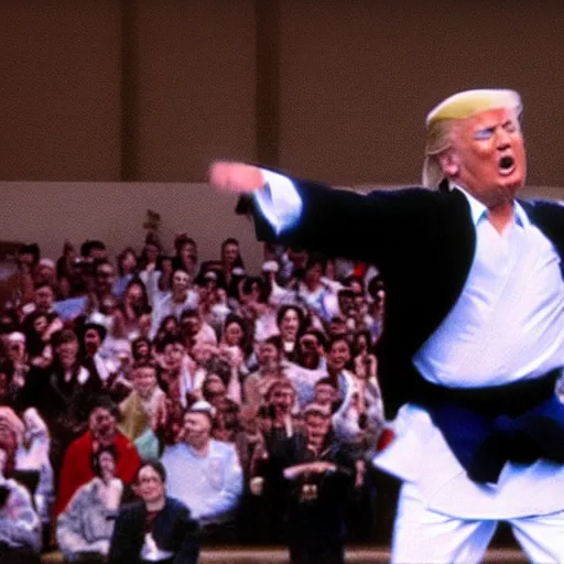 Image similar to still of donald trump as the karate kid, crane kick